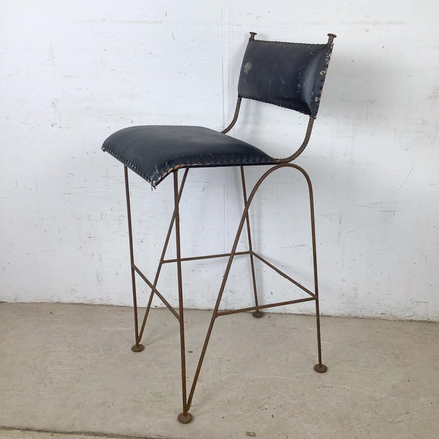 Mid-Century Modern Vintage Studio-Made Sculptural Iron Counter Stool With Black Leather Seat For Sale - Image 3 of 18