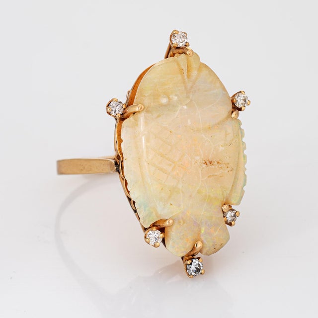 Metal 1970s Vintage Carved Opal Fish Ring Diamond 14k Yellow Gold Size 11 Estate Fine Jewelry For Sale - Image 7 of 7
