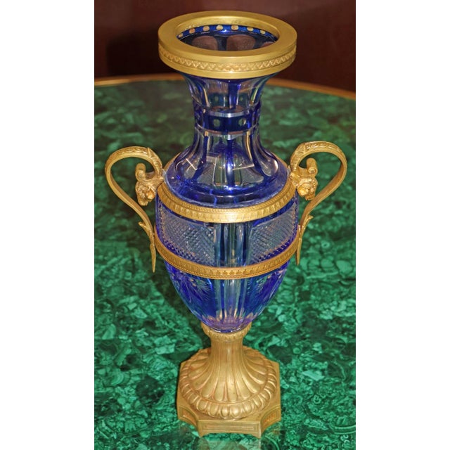 Metal Pair of Late 19th Century Neoclassical Russian Bronze & Cut Cobalt Glass Vases For Sale - Image 7 of 17