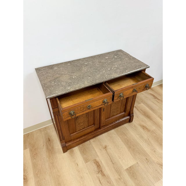 Brown Antique French Provincial Marble Burlwood Buffet 2 Drawer Locking Cabinet For Sale - Image 8 of 18