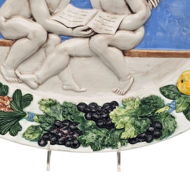 Italian Della Robbia Style Angels Oval Wall Platter 19.5" Glazed Relief Fruit For Sale - Image 13 of 14