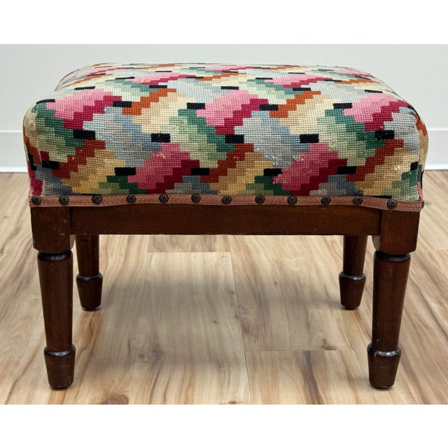 Brown Vintage Colorful Patterned Needlepoint Footstool For Sale - Image 8 of 12