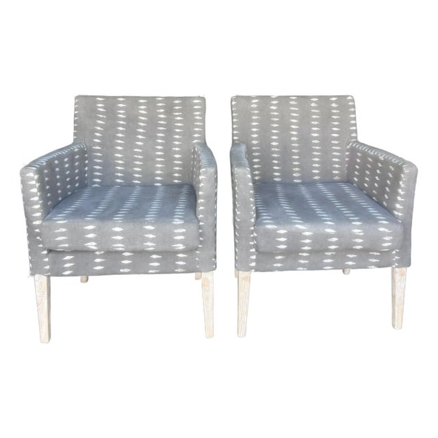 Vintage Block Print Linen Upholstered Arm Chairs, a Pair For Sale