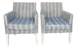 Vintage Block Print Linen Upholstered Arm Chairs, a Pair