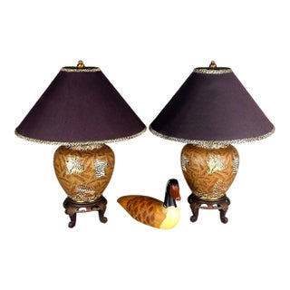 Vintage Oriental Accent Jungle Ginger Jar Table Lamps, Tiger Zebra Leopard — A Pair For Sale