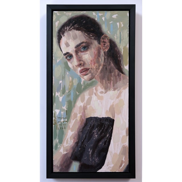 In "Boundaries," a striking oil painting on panel, a contemplative figure gazes directly at the viewer, her expressive...