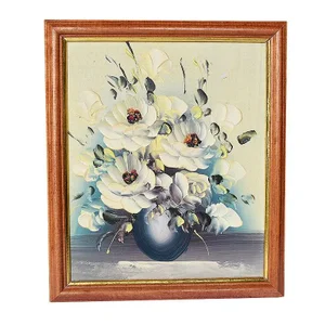 Framed Textural Floral Bouquet Oil on Canvas Painting in White, Blue, Yellow and Cream