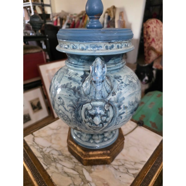 Ceramic Italian Majolica Blue and White Urn Lamp For Sale - Image 7 of 17