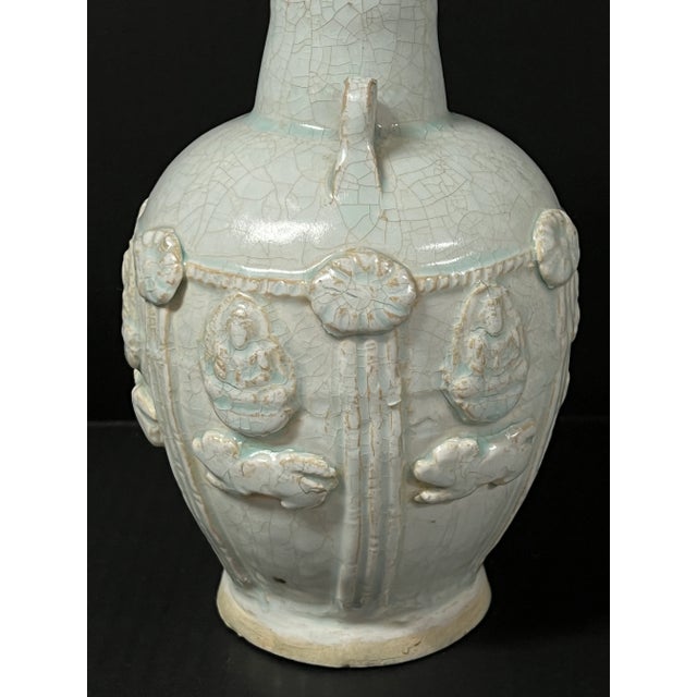 Chinese Late 20th Century Chinese Art Porcelain Bluish Celadon Crackled and Raised Design Vase For Sale - Image 3 of 10