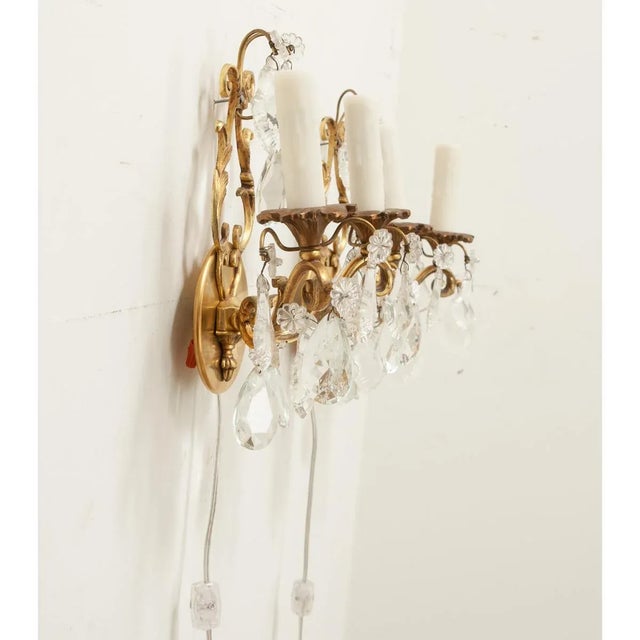 French Early 20th Century Brass & Crystal Sconces - A Pair For Sale - Image 9 of 10