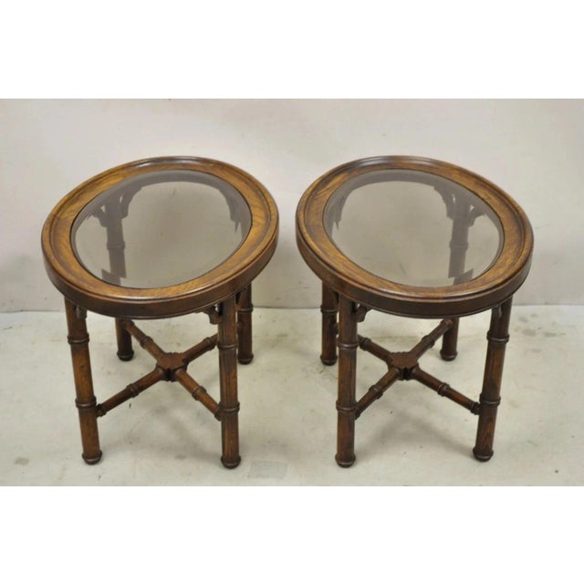 Hollywood Regency Vintage Chinese Chippendale Faux Bamboo Oval Small Glass Top Side End Table Pair For Sale - Image 3 of 11