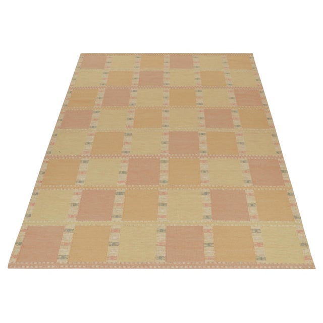 Mid-Century Modern Rug & Kilim’s Scandinavian Style Kilim in Gold and Pink Geometric Pattern 6x9 For Sale - Image 3 of 7