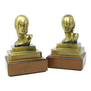 Vintage Art Deco a C Rehberger Acr Chicago Polished Brass Bust Bookends - a Pair