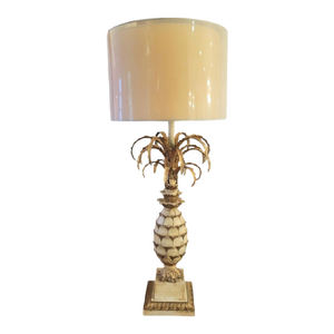 Vintage Massive Tole Gold Cream Metal Leaf Pineapple Regency Tall Table Lamp