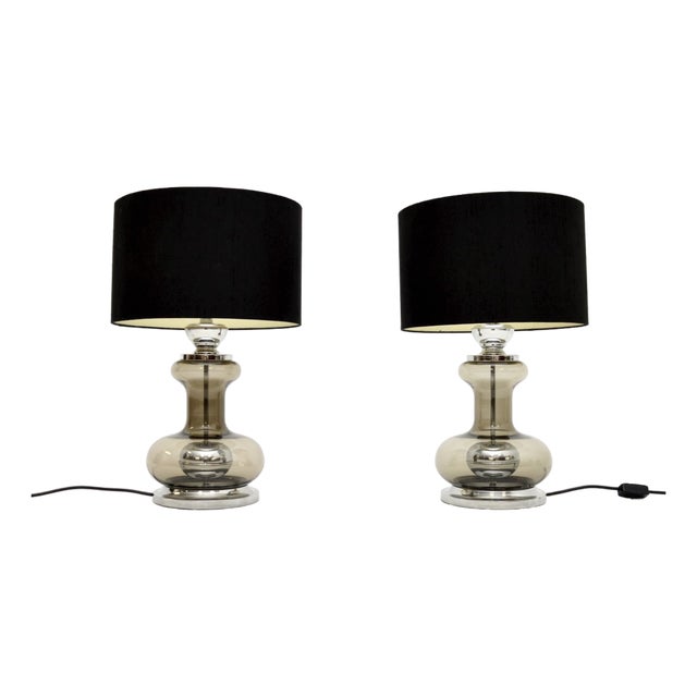 Vintage French Glass and Chrome Table Lamps, 1970s, Set of 2 For Sale
