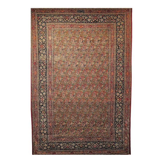 Vintage Persian Qum Area Rug, Hand-Knotted Wool, Allover Paisley Pattern, 5x8, Camel & Red For Sale