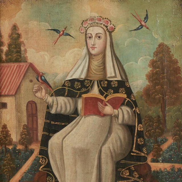 Wood Antique Religious Mexican Painting of a Female Saint For Sale - Image 7 of 11