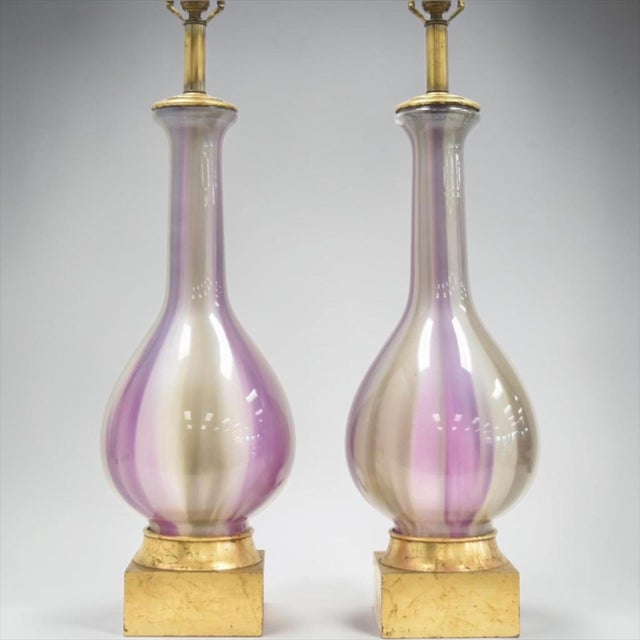 Murano Mid-Century Modern Italian Blown Glass Table Lamps With Giltwood Bases, Pair For Sale - Image 4 of 5