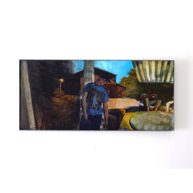 In "Before," a striking oil on panel composition, two figures occupy a sunlit space, one standing in a contemplative pose...