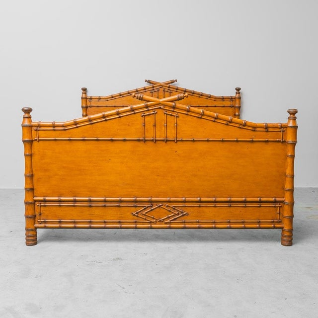 French Double Bed in Wood and Bamboo, 1940s For Sale - Image 4 of 14