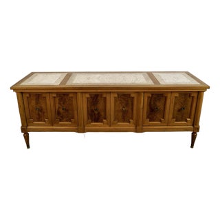 1960’s Hollywood Regency Burl Wood & Travertine Credenza / Low Console Table For Sale