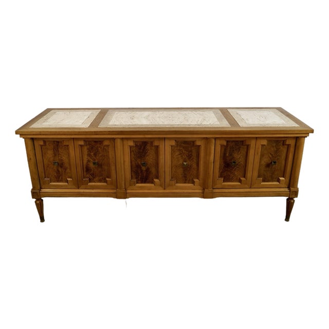 1960’s Hollywood Regency Burl Wood & Travertine Credenza / Low Console Table For Sale