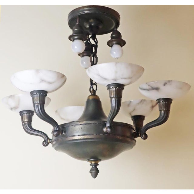Metal Art Deco Alabaster Chandelier with 9 Lights, Germany, 1930s For Sale - Image 7 of 13