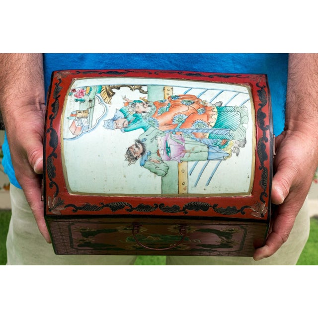 Wood Vintage Chinese Lacquer Jewelry Chest With Famille Rose Porcelain For Sale - Image 7 of 14