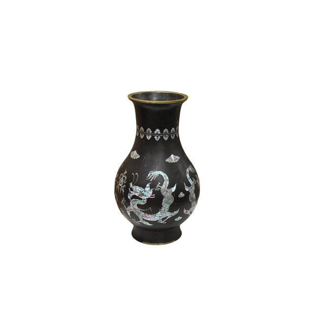 Vintage Metal Black Paint Mother of Pearl Double Dragon Art Vase For Sale In San Francisco - Image 6 of 12