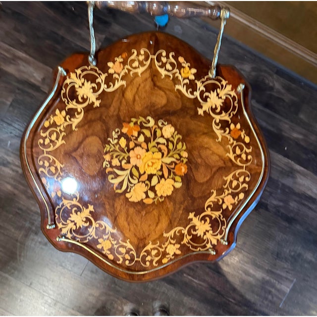 Italian 1980s Italian Inlaid Marquetry Burl Wood Bar Cart With Brass Gallery For Sale - Image 3 of 9