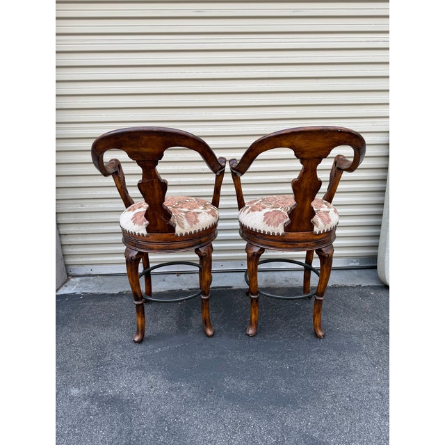 1990s Attributed to Maitland-Smith Carved Wood Swivel Bar Stools With Upholstered Seats - Pair For Sale - Image 10 of 11