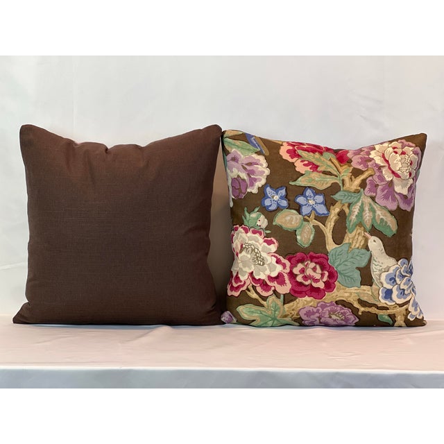 Custom-tailored 20”x20” pillows in Mary McDonald Bermuda Blossoms Attributed to Schumacher. Color: Cocoa, solid brown...