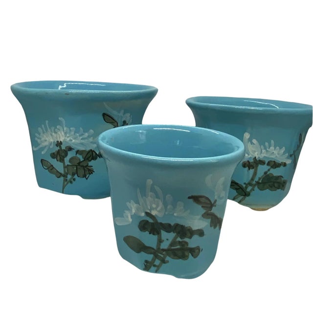 Mid 20th Century HandPainted French Blue Ceramic Planter Flower Pots - Set of 3 For Sale - Image 9 of 13