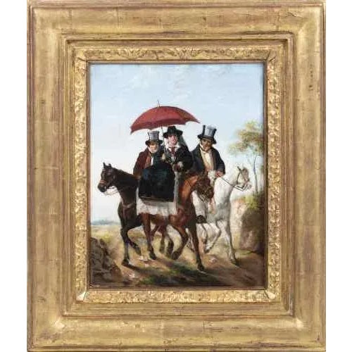 "Figures Mounted on Horseback". Oil on canvas from the 19th century. Dimensions: 40 x 31 cm.