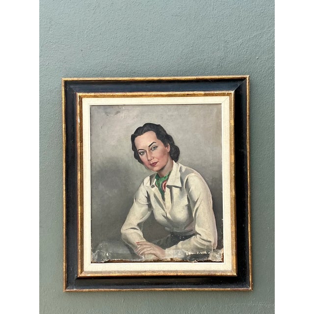 Wood Vintage Distressed Portrait of Woman in Gilt Frame For Sale - Image 7 of 12