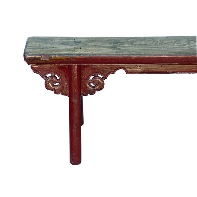 Vintage Brick Red Rural Village Rustic Slim Wood Seating Bench For Sale In San Francisco - Image 6 of 7