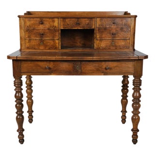Antique French Burl Walnut Writing Desk With Drawer Gallery & Turned Leg For Sale