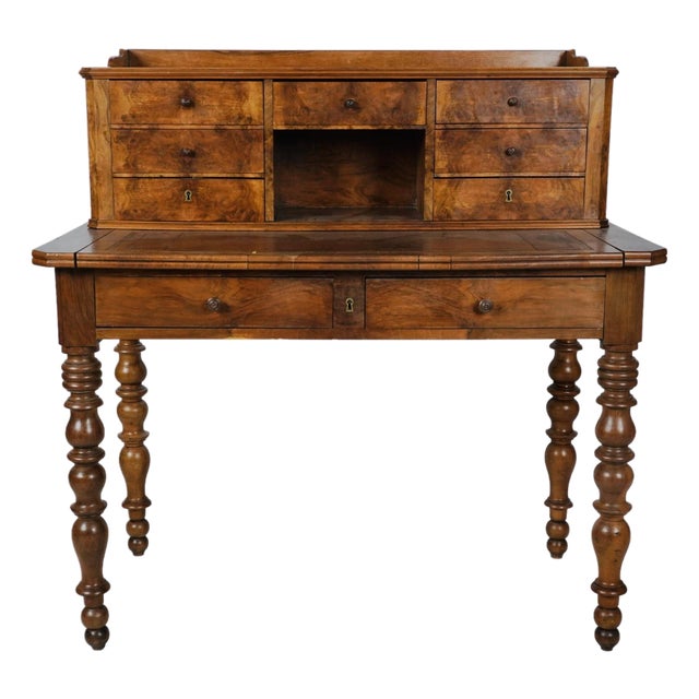 Antique French Burl Walnut Writing Desk With Drawer Gallery & Turned Leg For Sale