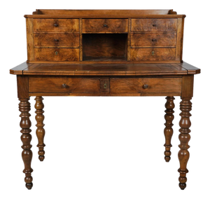 Antique French Burl Walnut Writing Desk With Drawer Gallery & Turned Leg