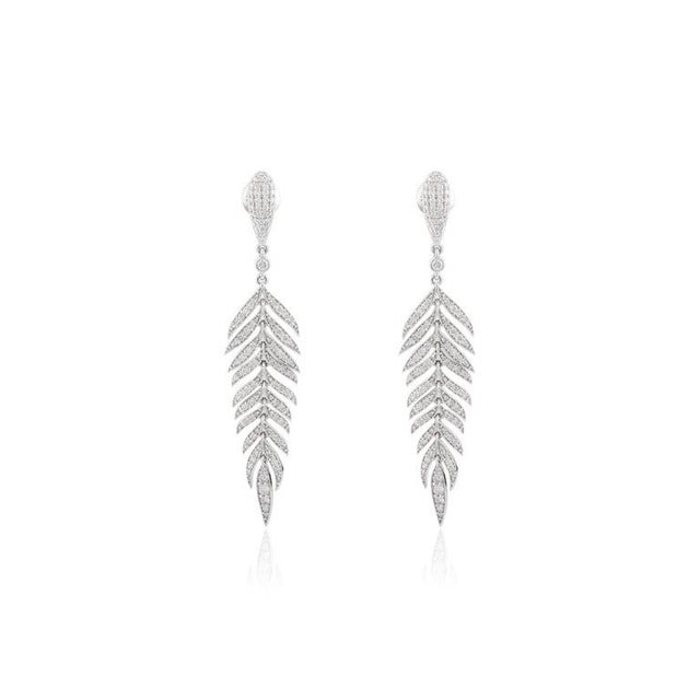 Fine Diamond Flexible Feather Dangle Drop Earrings in 18k Gold For Sale - Image 4 of 11