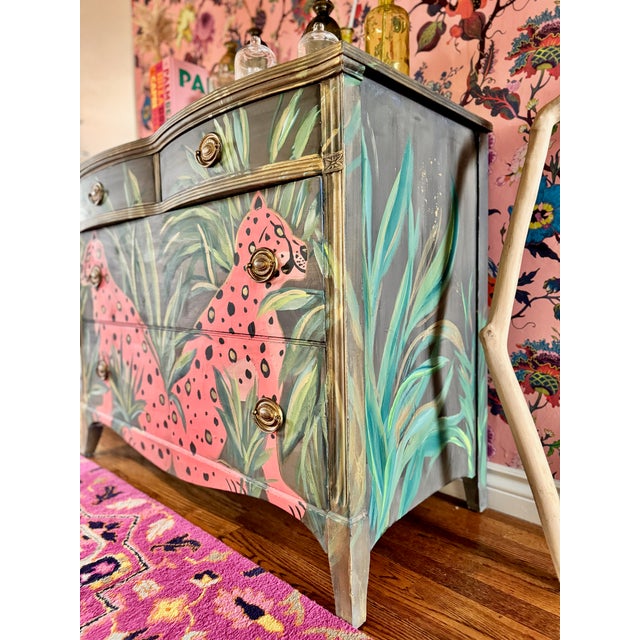 1940s One-of-a-Kind Hand-Painted Pink Leopard Palm Beach Regency Chest by Dionne Woods For Sale In Oklahoma City - Image 6 of 6
