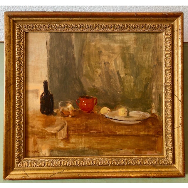 Mid 20th Century Seymour Remenick, Seymour Remenick Still Life Table Scape Oil Painting with Bottle and Fruit For Sale - Image 5 of 6