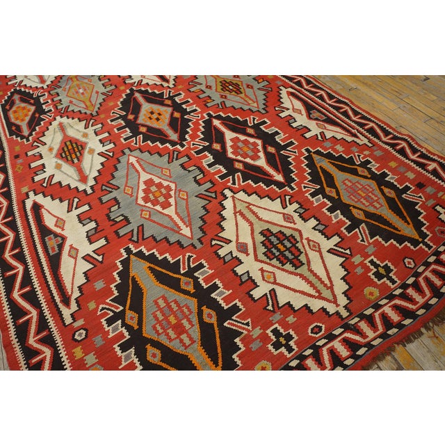 1900 - 1909 1900s Red Geometric Antique Caucasian Kilim Rug 6'0" X 11'8" Knotted Wool Carpet For Sale - Image 5 of 12