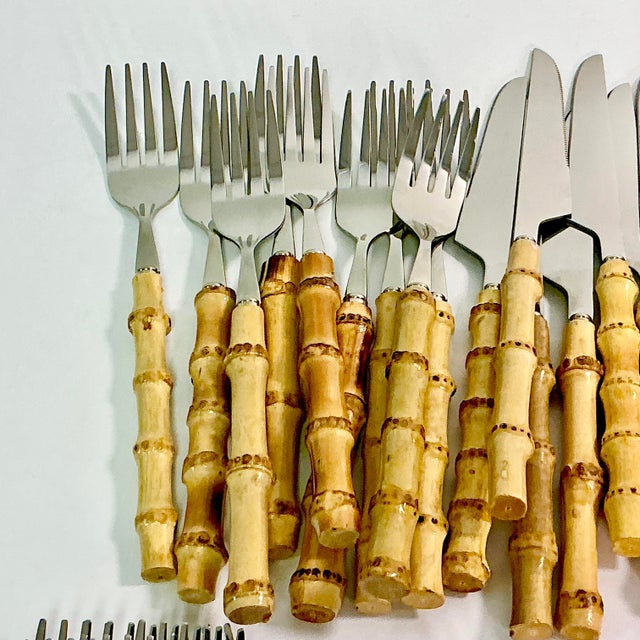 Tan Late 20th Century Chinoiserie Coastal Bamboo 18/8 Stainless Flatware Service for 10 - 50 Pieces For Sale - Image 8 of 13