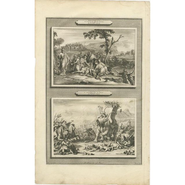 Baroque Pieter Mortier, Death of Antiochus and Eleazar Slays the War Elephant, 1700, Engraving For Sale - Image 3 of 12