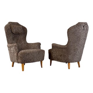 Set of Farmor Armchairs in Grey Lambswool attributed to Carl Malmsten for O.H. Sjögren, 1950s For Sale