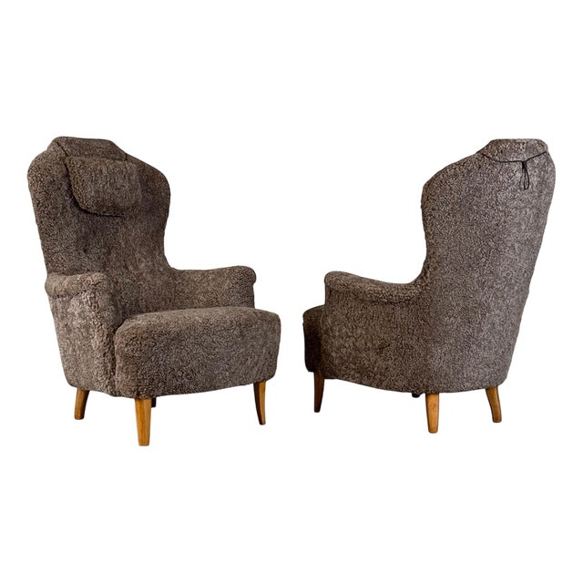 Set of Farmor Armchairs in Grey Lambswool attributed to Carl Malmsten for O.H. Sjögren, 1950s For Sale