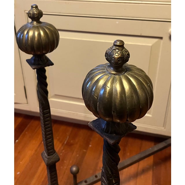 19th Century Very Large Antique 19th Century French Baroque Wrought Iron and Bronze Andirons With Gothic Tudor Arch for Limestone Fireplace Mantel For Sale - Image 5 of 15