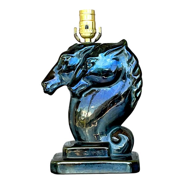 Vintage Blue Glazed Double Horse Head Lamp For Sale