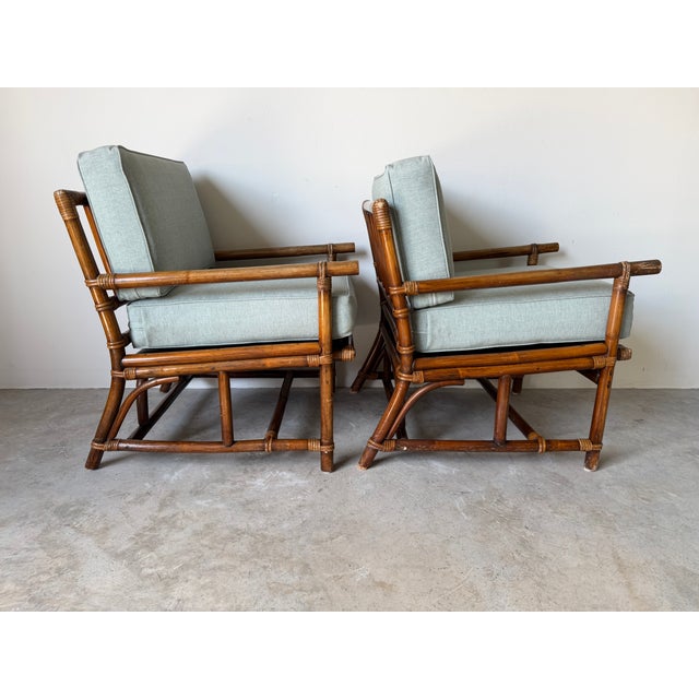 Vintage Rattan Bamboo Lounge Chairs With Cushions – A Pair For Sale - Image 4 of 18